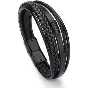 Mens Black Brown Leather Bracelet Multi Strand Braided Casual Wristband Gift